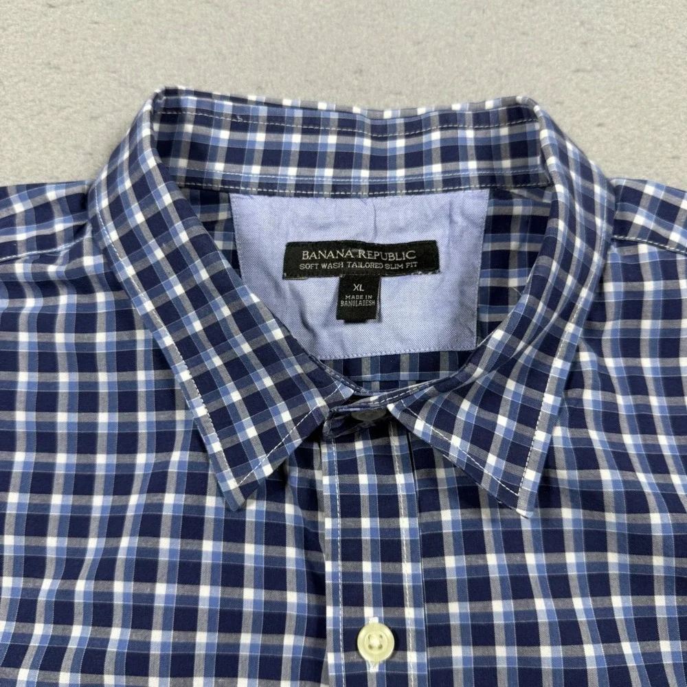 Banana Republic Mens XL Blue White Checkered Soft Wash Tailored Slim Fit Shirt